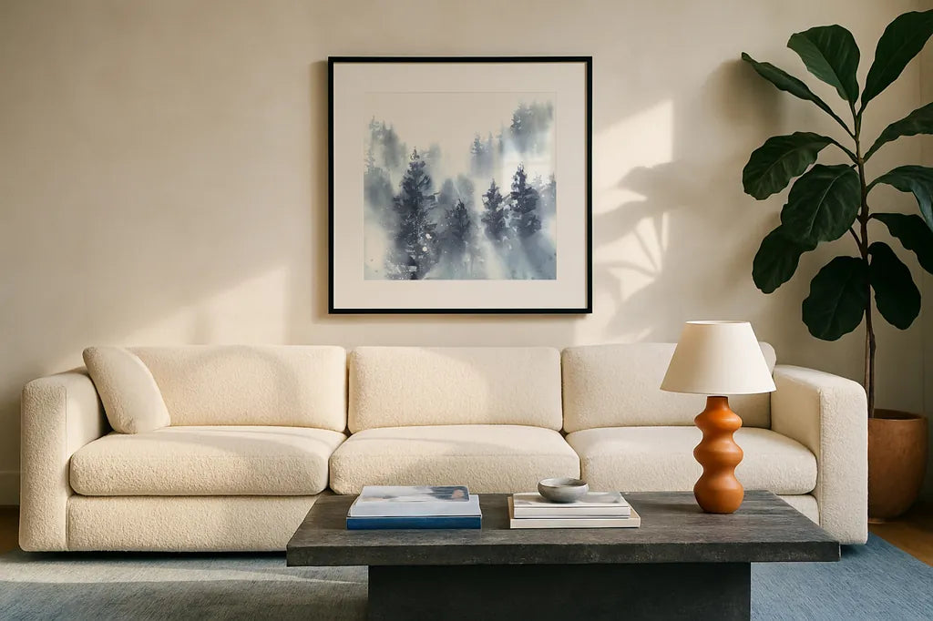 Misty Forest II by Katrina Pete. Displayed in a glass frame with matte in a clean modern living room. Available as an archival giclee rolled canvas, fine art paper, or poster print. SKU 65948a.