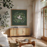 Nordic Winter IV by Katrina Pete. Shown in a natural wood frame in a cozy modern living room. Available as an archival giclee rolled canvas, fine art paper, or poster print. SKU 98730a.