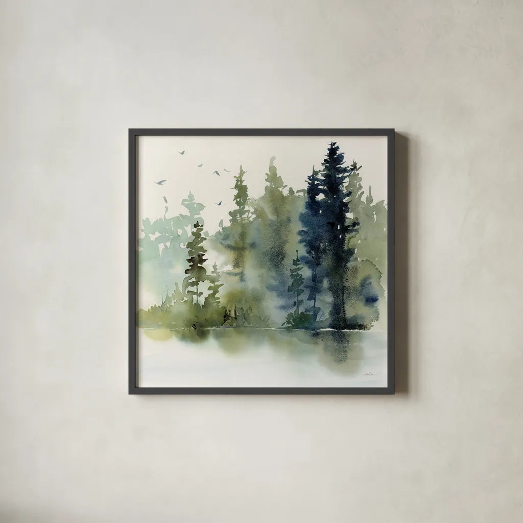 Northern Woods by Katrina Pete. Shown in a sleek black glass frame for a contemporary gallery look. Available as an archival giclee rolled canvas, fine art paper, or poster print. SKU 82191a.