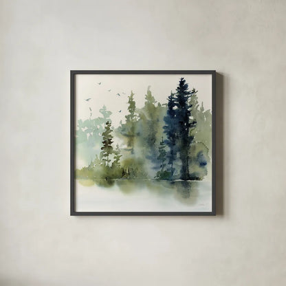 Northern Woods by Katrina Pete. Shown in a sleek black glass frame for a contemporary gallery look. Available as an archival giclee rolled canvas, fine art paper, or poster print. SKU 82191a.