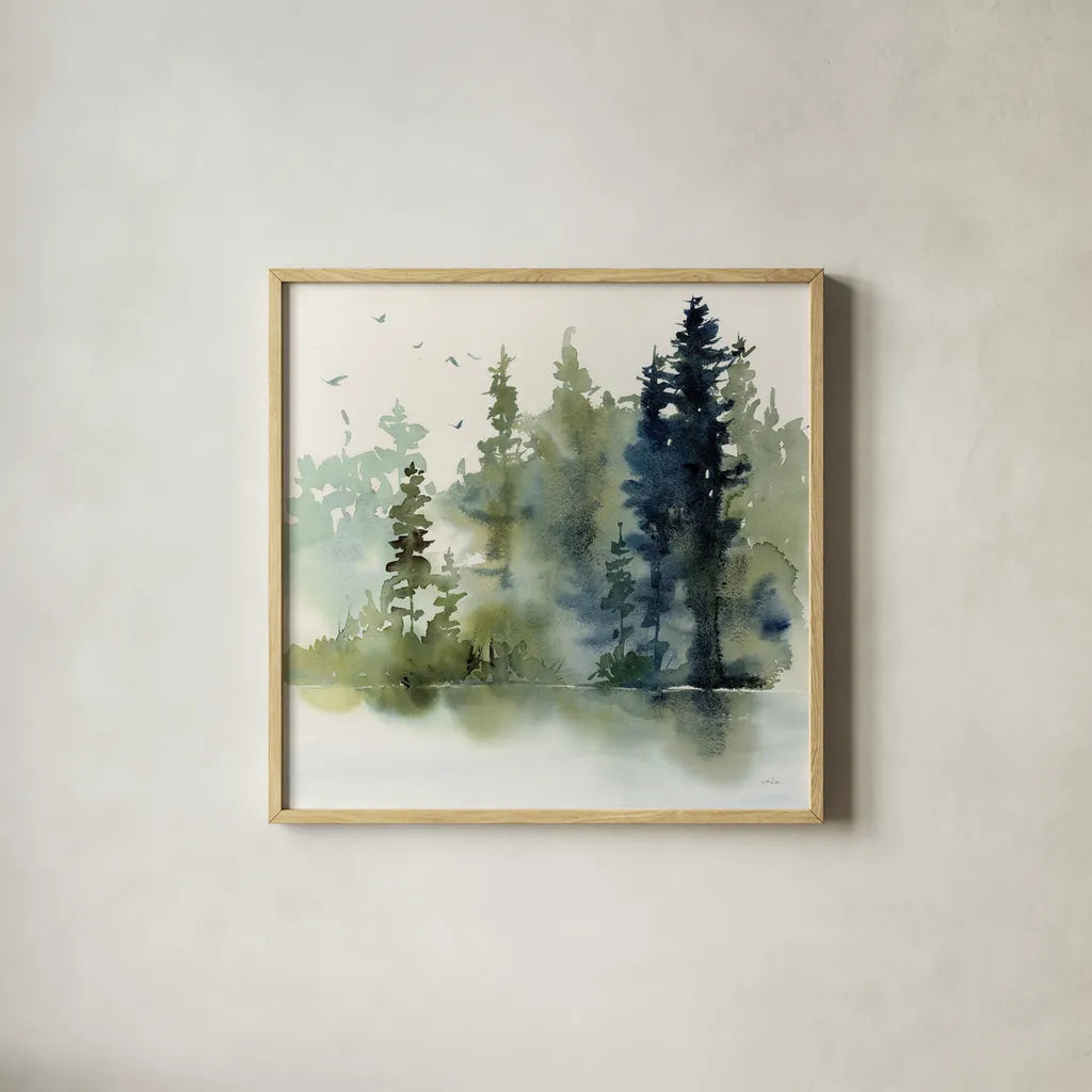 Northern Woods by Katrina Pete. Shown in a natural wood glass frame for a timeless modern aesthetic. Available as an archival giclee rolled canvas, fine art paper, or poster print. SKU 82191a.