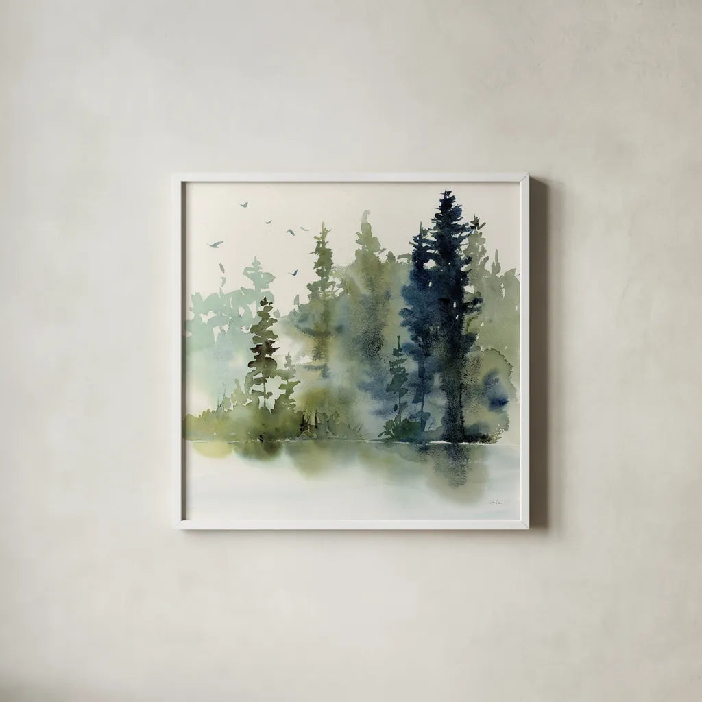 Northern Woods by Katrina Pete. Shown in a crisp white glass frame for a clean and minimalist style. Available as an archival giclee rolled canvas, fine art paper, or poster print. SKU 82191a.