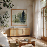Northern Woods by Katrina Pete. Shown in a natural wood frame in a cozy modern living room. Available as an archival giclee rolled canvas, fine art paper, or poster print. SKU 82191a.