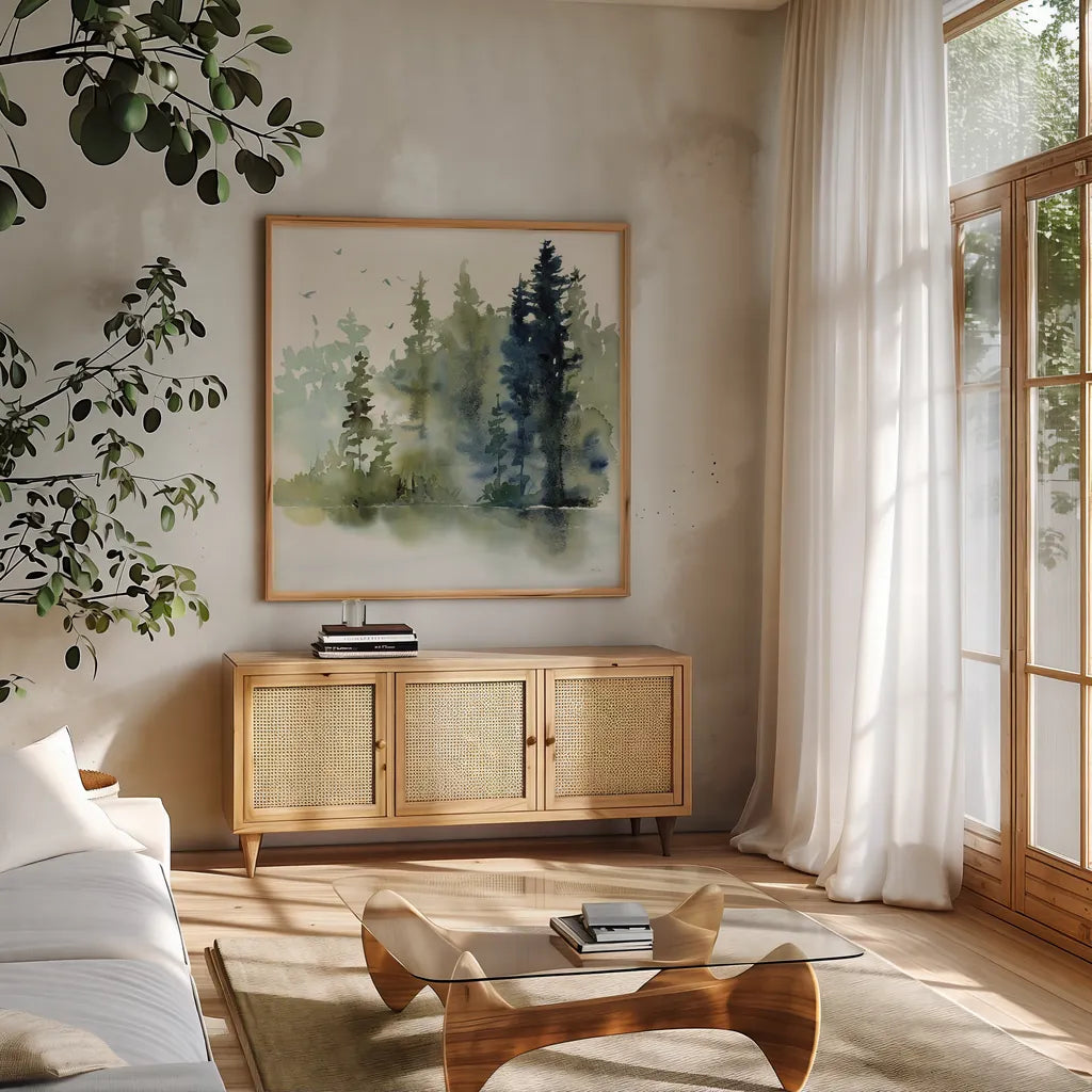 Northern Woods by Katrina Pete. Shown in a natural wood frame in a cozy modern living room. Available as an archival giclee rolled canvas, fine art paper, or poster print. SKU 82191a.