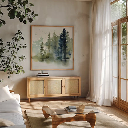Northern Woods by Katrina Pete. Shown in a natural wood frame in a cozy modern living room. Available as an archival giclee rolled canvas, fine art paper, or poster print. SKU 82191a.