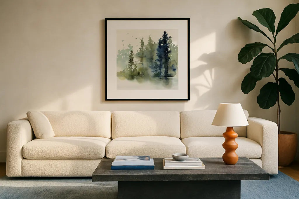 Northern Woods by Katrina Pete. Displayed in a glass frame with matte in a clean modern living room. Available as an archival giclee rolled canvas, fine art paper, or poster print. SKU 82191a.