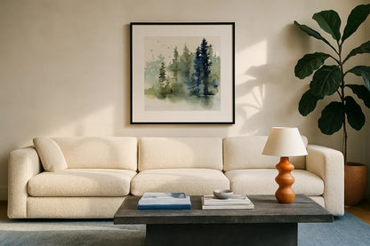 Northern Woods by Katrina Pete. Displayed in a glass frame with matte in a clean modern living room. Available as an archival giclee rolled canvas, fine art paper, or poster print. SKU 82191a.