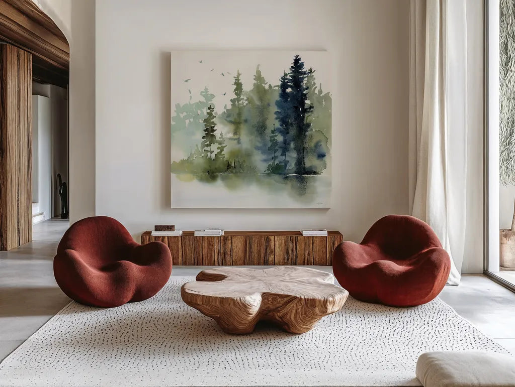 Northern Woods by Katrina Pete. Shown as extra-large giant wall art in a modern living room. Available as an archival giclee rolled canvas, fine art paper, or poster print. SKU 82191a.