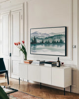 Northwest I by Katrina Pete. shown as a framed stretched canvas in a living room above a console. Available as a archival giclee rolled canvas, fine art paper, or poster print. SKU 85722i.