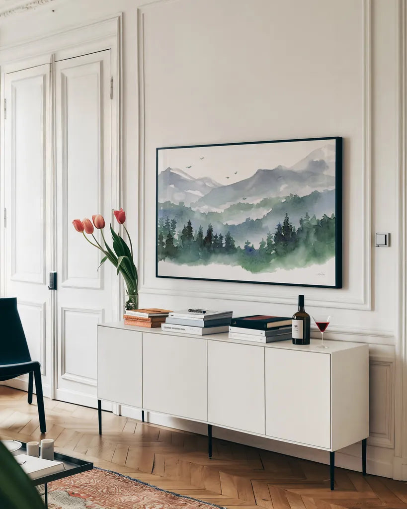 Northwest II by Katrina Pete. shown as a framed stretched canvas in a living room above a console. Available as a archival giclee rolled canvas, fine art paper, or poster print. SKU 85723i.