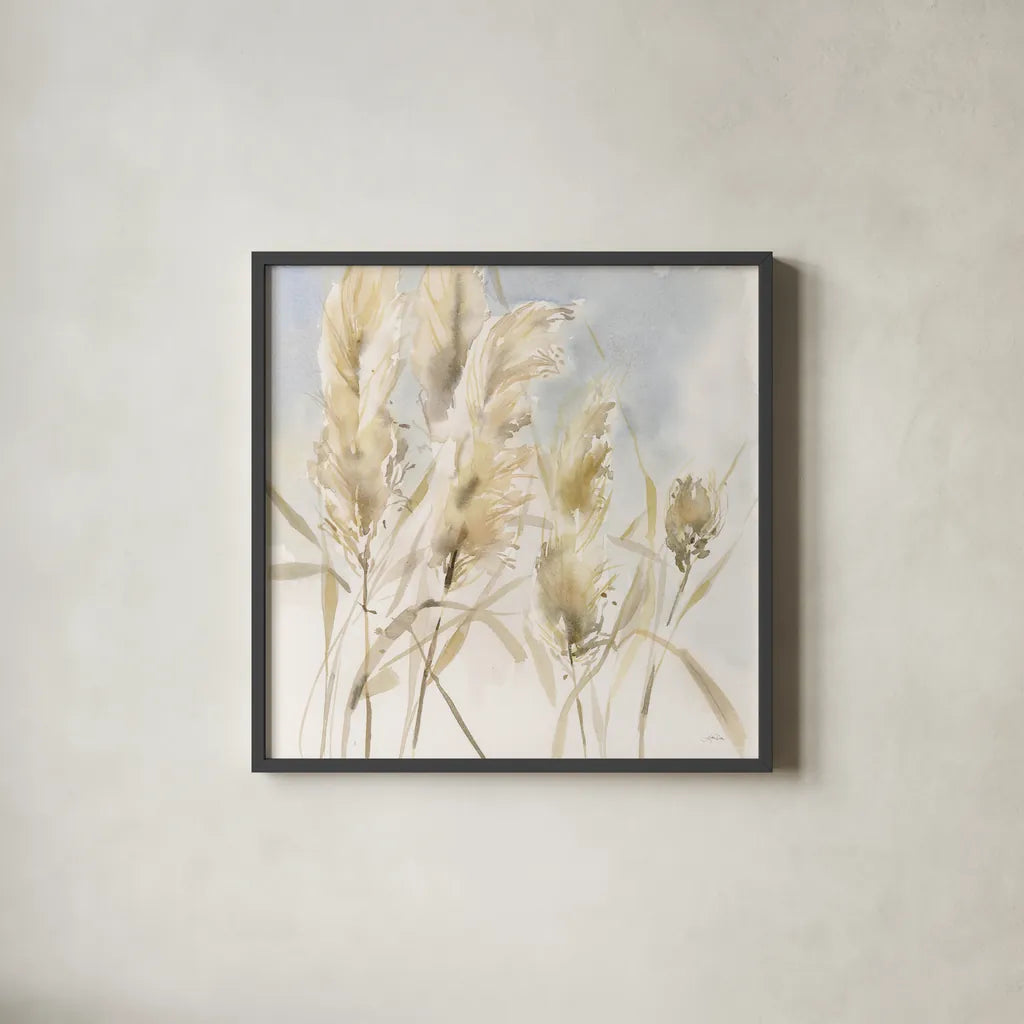 Pampas Grasses by Katrina Pete. Shown in a sleek black glass frame for a contemporary gallery look. Available as an archival giclee rolled canvas, fine art paper, or poster print. SKU 77948a.