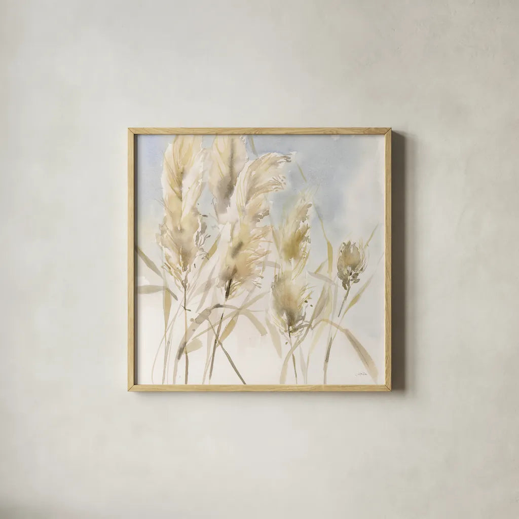 Pampas Grasses by Katrina Pete. Shown in a natural wood glass frame for a timeless modern aesthetic. Available as an archival giclee rolled canvas, fine art paper, or poster print. SKU 77948a.