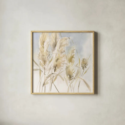 Pampas Grasses by Katrina Pete. Shown in a natural wood glass frame for a timeless modern aesthetic. Available as an archival giclee rolled canvas, fine art paper, or poster print. SKU 77948a.