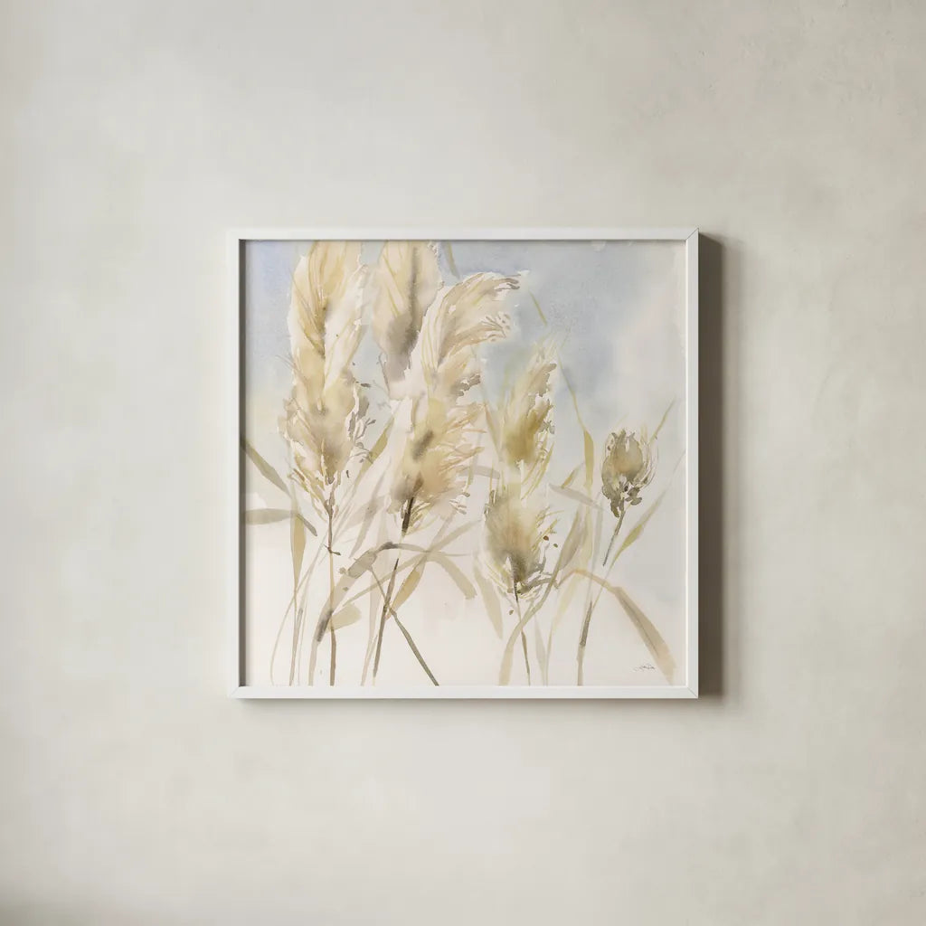 Pampas Grasses by Katrina Pete. Shown in a crisp white glass frame for a clean and minimalist style. Available as an archival giclee rolled canvas, fine art paper, or poster print. SKU 77948a.