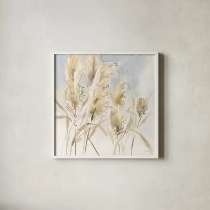 Pampas Grasses by Katrina Pete. Shown in a crisp white glass frame for a clean and minimalist style. Available as an archival giclee rolled canvas, fine art paper, or poster print. SKU 77948a.