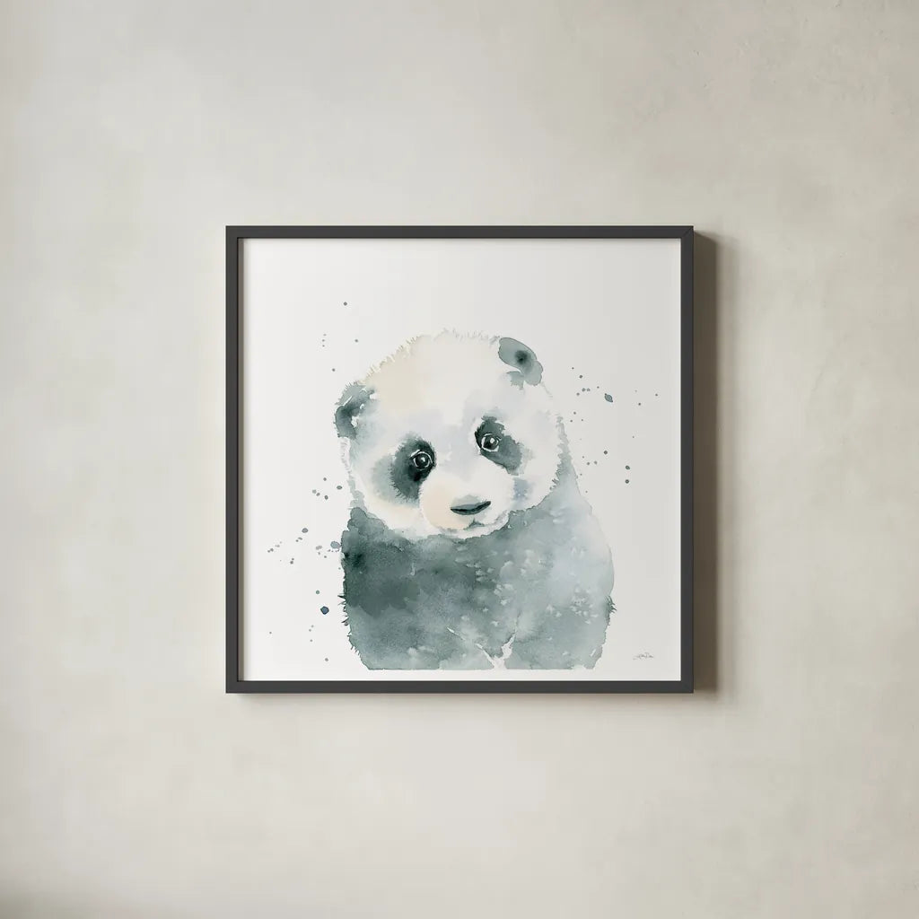 Panda Cub by Katrina Pete. Shown in a sleek black glass frame for a contemporary gallery look. Available as an archival giclee rolled canvas, fine art paper, or poster print. SKU 66164a.
