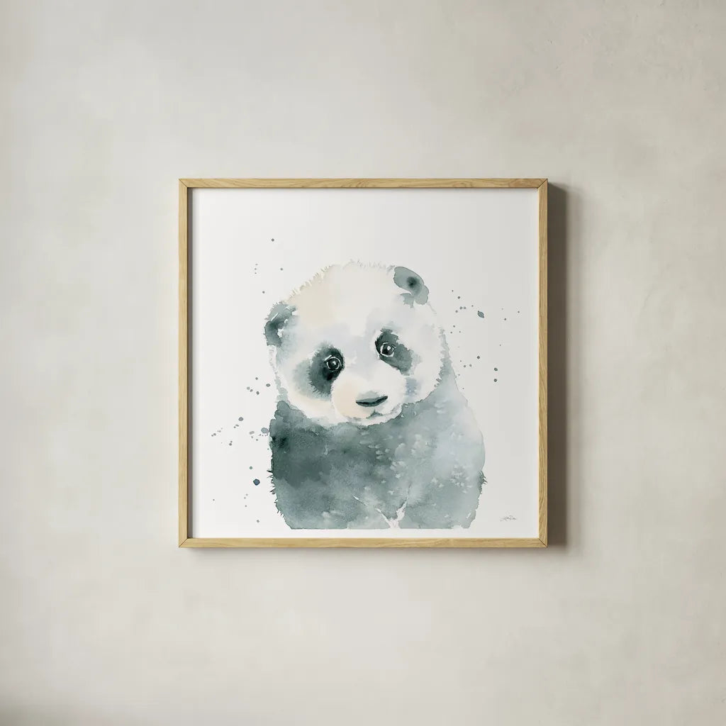Panda Cub by Katrina Pete. Shown in a natural wood glass frame for a timeless modern aesthetic. Available as an archival giclee rolled canvas, fine art paper, or poster print. SKU 66164a.