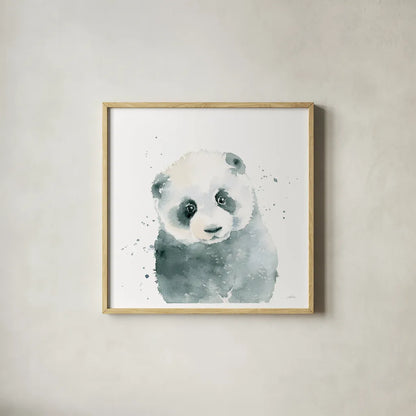 Panda Cub by Katrina Pete. Shown in a natural wood glass frame for a timeless modern aesthetic. Available as an archival giclee rolled canvas, fine art paper, or poster print. SKU 66164a.