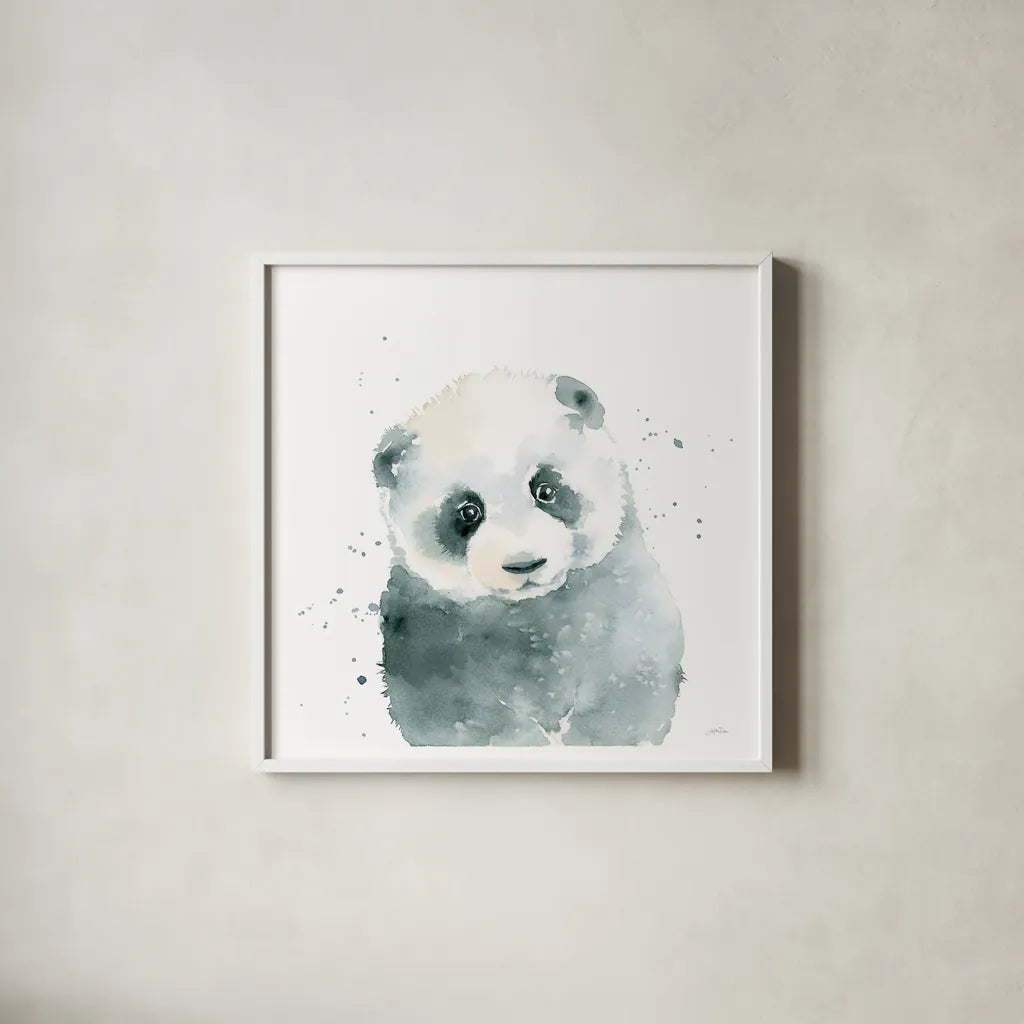 Panda Cub by Katrina Pete. Shown in a crisp white glass frame for a clean and minimalist style. Available as an archival giclee rolled canvas, fine art paper, or poster print. SKU 66164a.