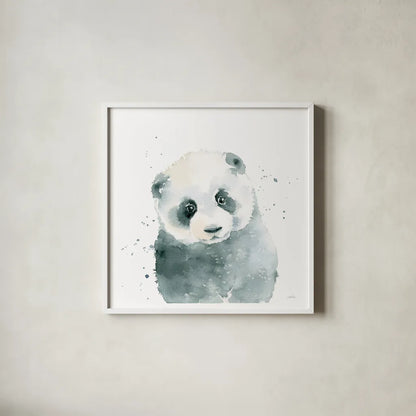 Panda Cub by Katrina Pete. Shown in a crisp white glass frame for a clean and minimalist style. Available as an archival giclee rolled canvas, fine art paper, or poster print. SKU 66164a.