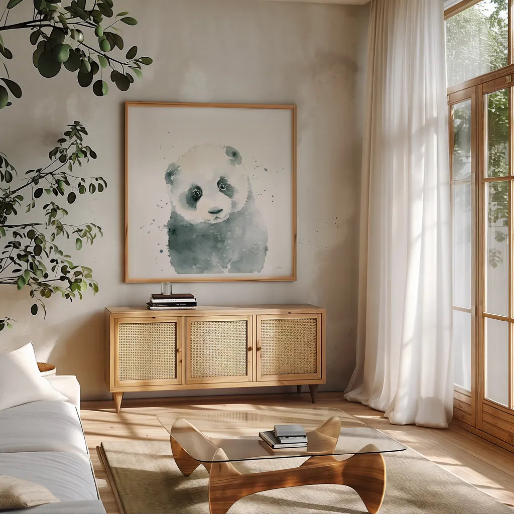 Panda Cub by Katrina Pete. Shown in a natural wood frame in a cozy modern living room. Available as an archival giclee rolled canvas, fine art paper, or poster print. SKU 66164a.