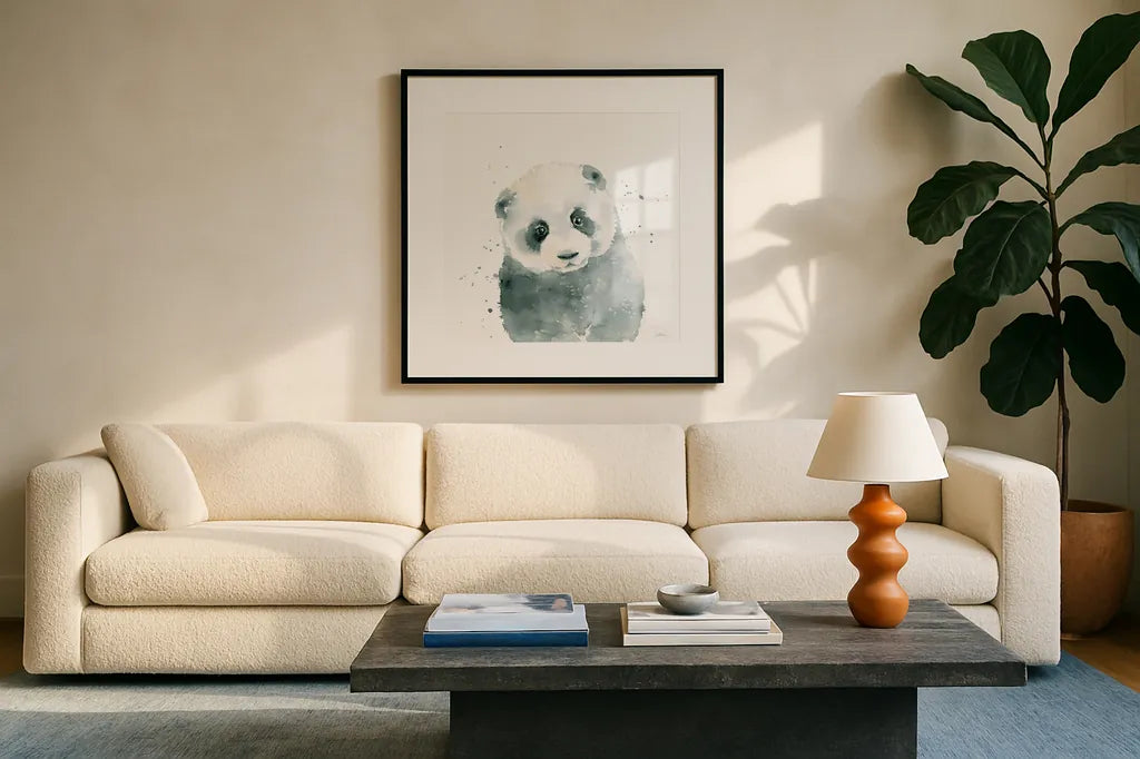 Panda Cub by Katrina Pete. Displayed in a glass frame with matte in a clean modern living room. Available as an archival giclee rolled canvas, fine art paper, or poster print. SKU 66164a.
