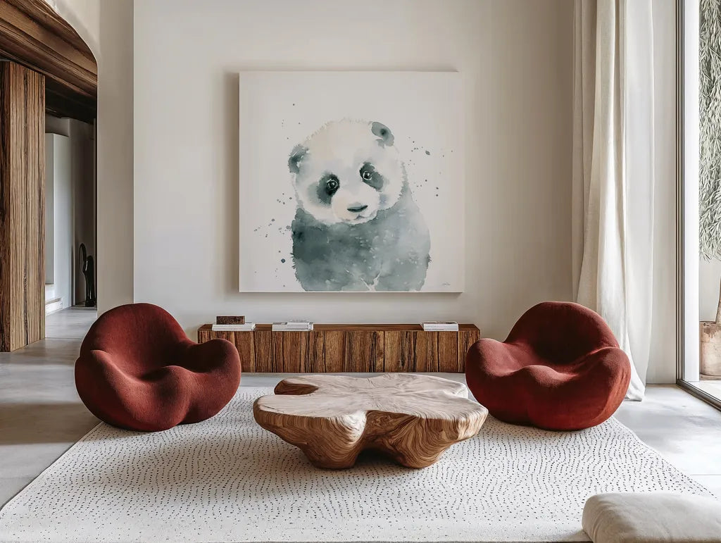 Panda Cub by Katrina Pete. Shown as extra-large giant wall art in a modern living room. Available as an archival giclee rolled canvas, fine art paper, or poster print. SKU 66164a.