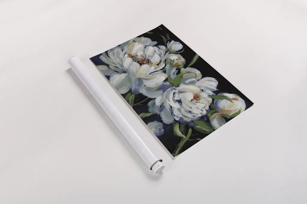 Peony Season I with Blue by Katrina Pete. shown as a rolled paper print. Available as archival giclee rolled canvas, fine art paper, or poster print. SKU 84582i.