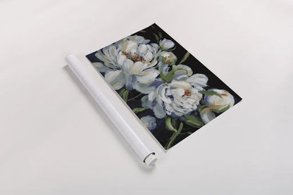 Peony Season I with Blue by Katrina Pete. shown as a rolled paper print. Available as archival giclee rolled canvas, fine art paper, or poster print. SKU 84582i.