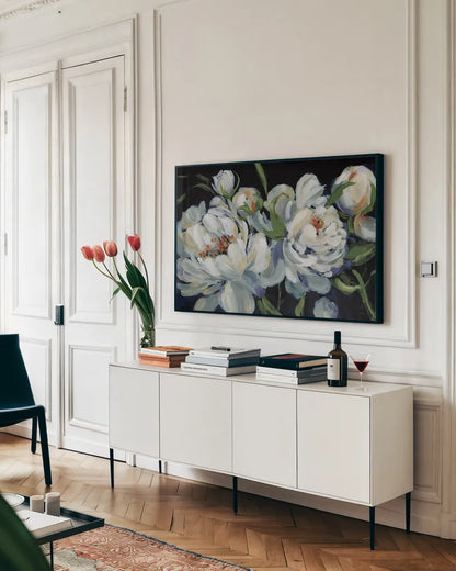Peony Season I with Blue by Katrina Pete. shown as a framed stretched canvas in a living room above a console. Available as a archival giclee rolled canvas, fine art paper, or poster print. SKU 84582i.