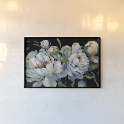 Peony Season I with Blue by Katrina Pete. shown as a paper print in a black flame. Available as a archival giclee rolled canvas, fine art paper, or poster print. SKU 84582i.