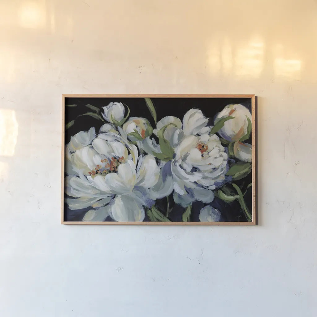 Peony Season I with Blue by Katrina Pete. shown as a paper print in a natural frame. Available as a archival giclee rolled canvas, fine art paper, or poster print. SKU 84582i.