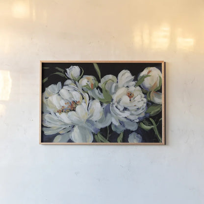 Peony Season I with Blue by Katrina Pete. shown as a paper print in a natural frame. Available as a archival giclee rolled canvas, fine art paper, or poster print. SKU 84582i.