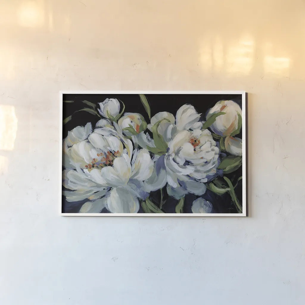 Peony Season I with Blue by Katrina Pete. shown as a paper print in a white frame. Available as a archival giclee rolled canvas, fine art paper, or poster print. SKU 84582i.