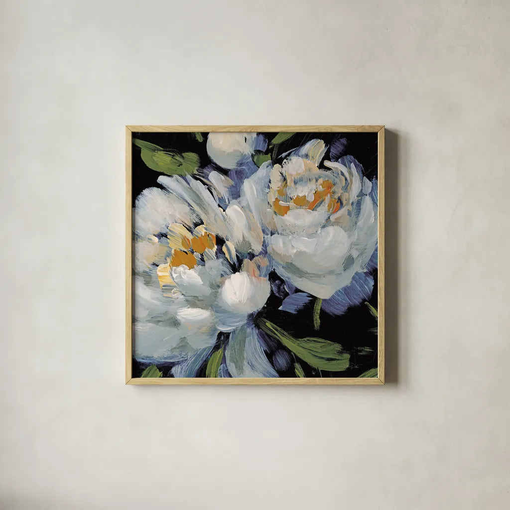 Peony Season II Crop by Katrina Pete. Shown in a natural wood glass frame for a timeless modern aesthetic. Available as an archival giclee rolled canvas, fine art paper, or poster print. SKU 83260a.