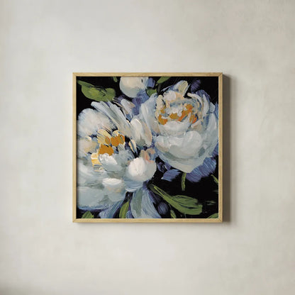 Peony Season II Crop by Katrina Pete. Shown in a natural wood glass frame for a timeless modern aesthetic. Available as an archival giclee rolled canvas, fine art paper, or poster print. SKU 83260a.