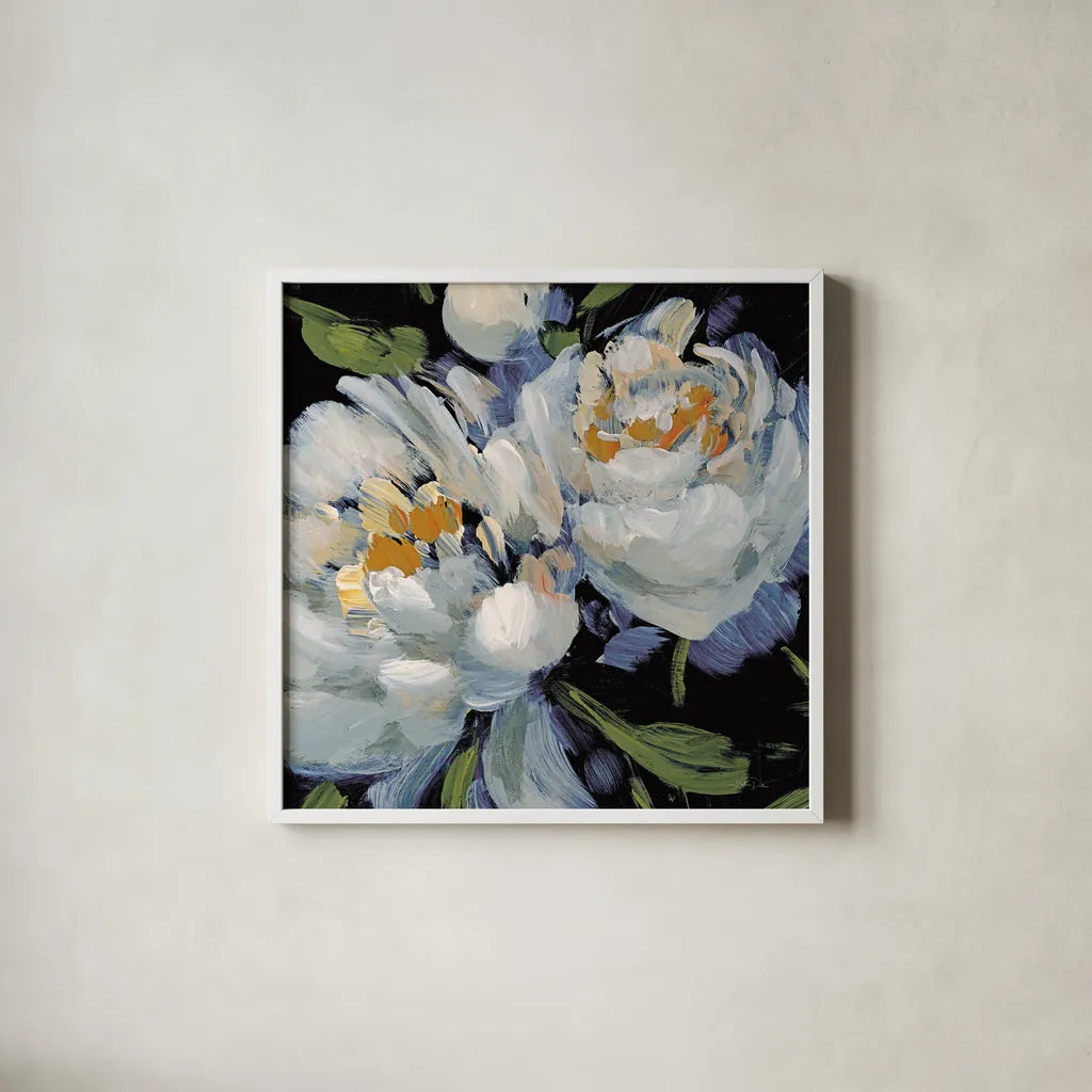 Peony Season II Crop by Katrina Pete. Shown in a crisp white glass frame for a clean and minimalist style. Available as an archival giclee rolled canvas, fine art paper, or poster print. SKU 83260a.