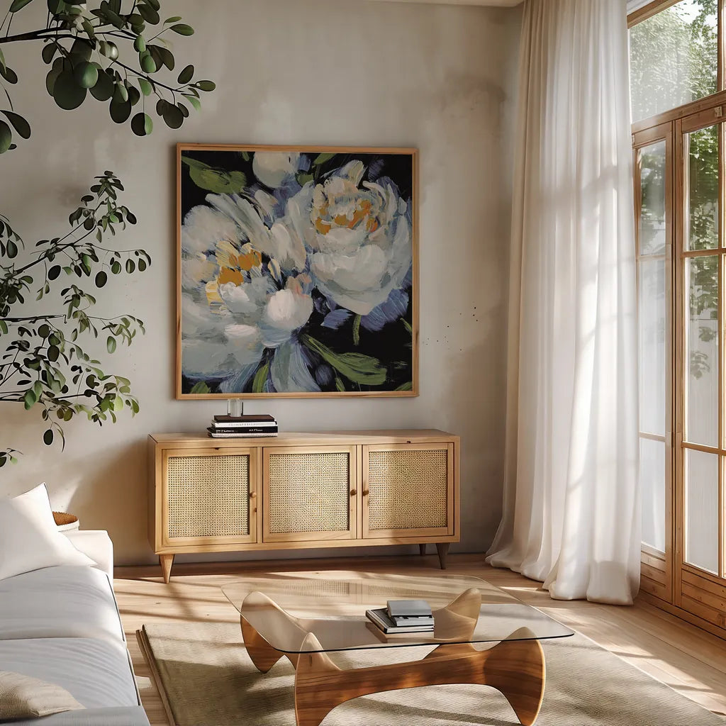 Peony Season II Crop by Katrina Pete. Shown in a natural wood frame in a cozy modern living room. Available as an archival giclee rolled canvas, fine art paper, or poster print. SKU 83260a.