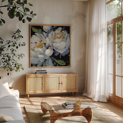 Peony Season II Crop by Katrina Pete. Shown in a natural wood frame in a cozy modern living room. Available as an archival giclee rolled canvas, fine art paper, or poster print. SKU 83260a.