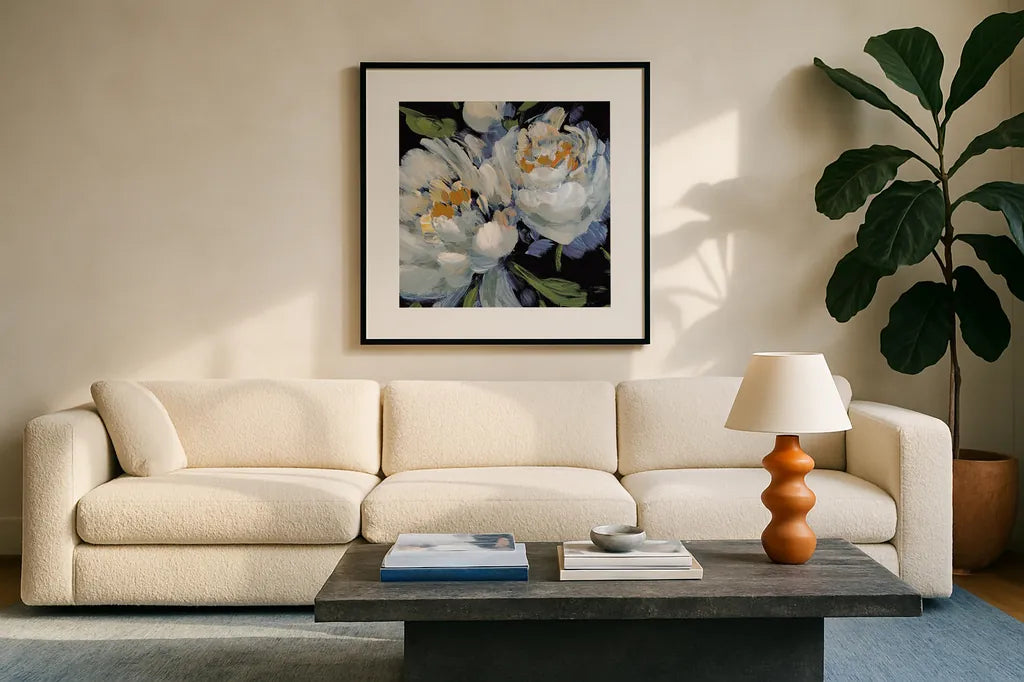 Peony Season II Crop by Katrina Pete. Displayed in a glass frame with matte in a clean modern living room. Available as an archival giclee rolled canvas, fine art paper, or poster print. SKU 83260a.