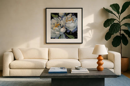Peony Season II Crop by Katrina Pete. Displayed in a glass frame with matte in a clean modern living room. Available as an archival giclee rolled canvas, fine art paper, or poster print. SKU 83260a.