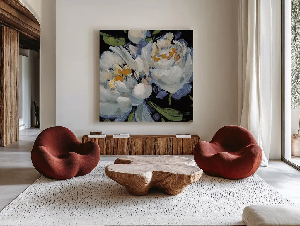 Peony Season II Crop by Katrina Pete. Shown as extra-large giant wall art in a modern living room. Available as an archival giclee rolled canvas, fine art paper, or poster print. SKU 83260a.