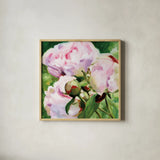 Pink Peony by Katrina Pete. Shown in a natural wood glass frame for a timeless modern aesthetic. Available as an archival giclee rolled canvas, fine art paper, or poster print. SKU 98848a.