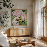 Pink Peony by Katrina Pete. Shown in a natural wood frame in a cozy modern living room. Available as an archival giclee rolled canvas, fine art paper, or poster print. SKU 98848a.