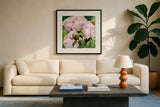 Pink Peony by Katrina Pete. Displayed in a glass frame with matte in a clean modern living room. Available as an archival giclee rolled canvas, fine art paper, or poster print. SKU 98848a.