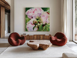 Pink Peony by Katrina Pete. Shown as extra-large giant wall art in a modern living room. Available as an archival giclee rolled canvas, fine art paper, or poster print. SKU 98848a.