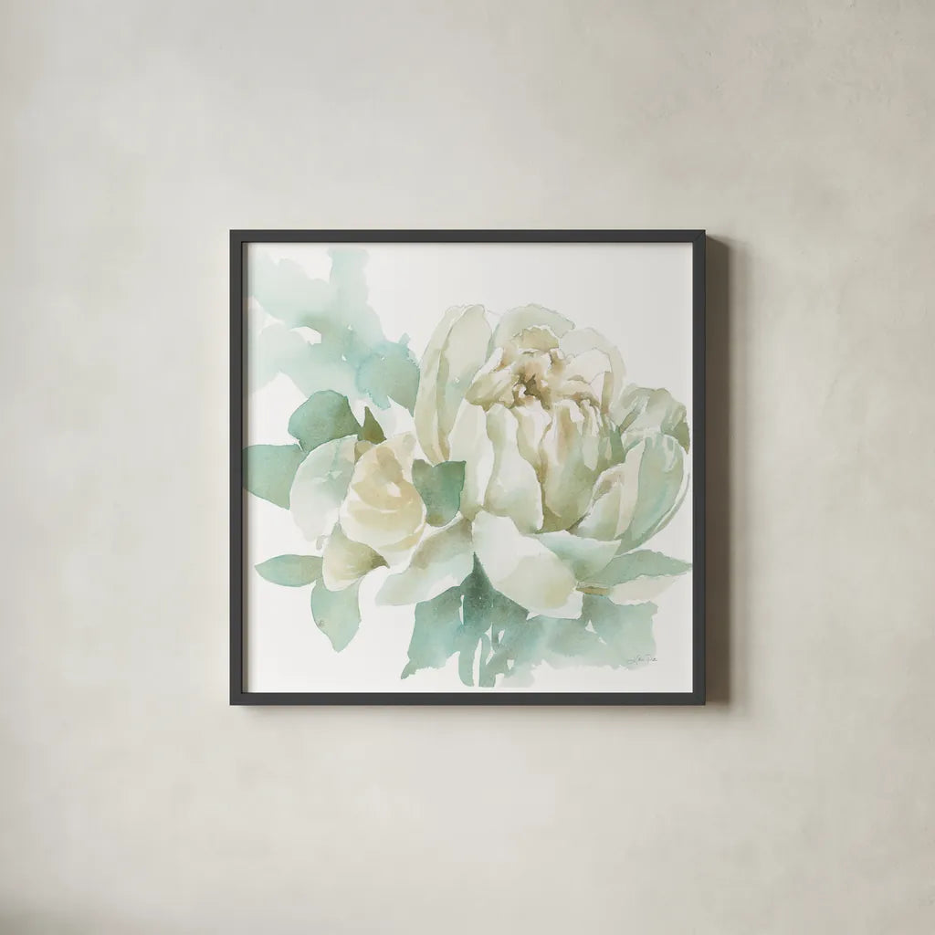 Poetic Blooming I by Katrina Pete. Shown in a sleek black glass frame for a contemporary gallery look. Available as an archival giclee rolled canvas, fine art paper, or poster print. SKU 67129a.