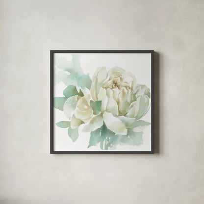 Poetic Blooming I by Katrina Pete. Shown in a sleek black glass frame for a contemporary gallery look. Available as an archival giclee rolled canvas, fine art paper, or poster print. SKU 67129a.