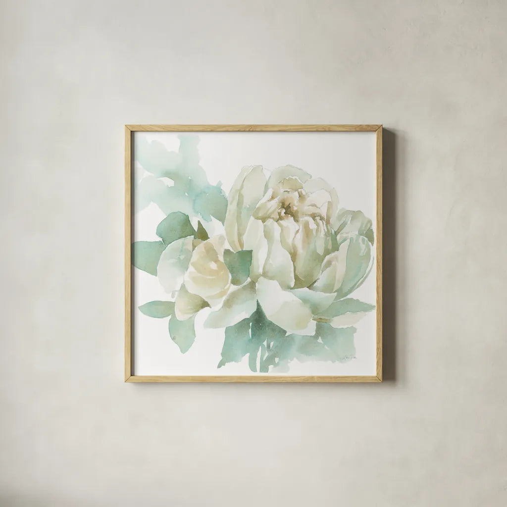 Poetic Blooming I by Katrina Pete. Shown in a natural wood glass frame for a timeless modern aesthetic. Available as an archival giclee rolled canvas, fine art paper, or poster print. SKU 67129a.