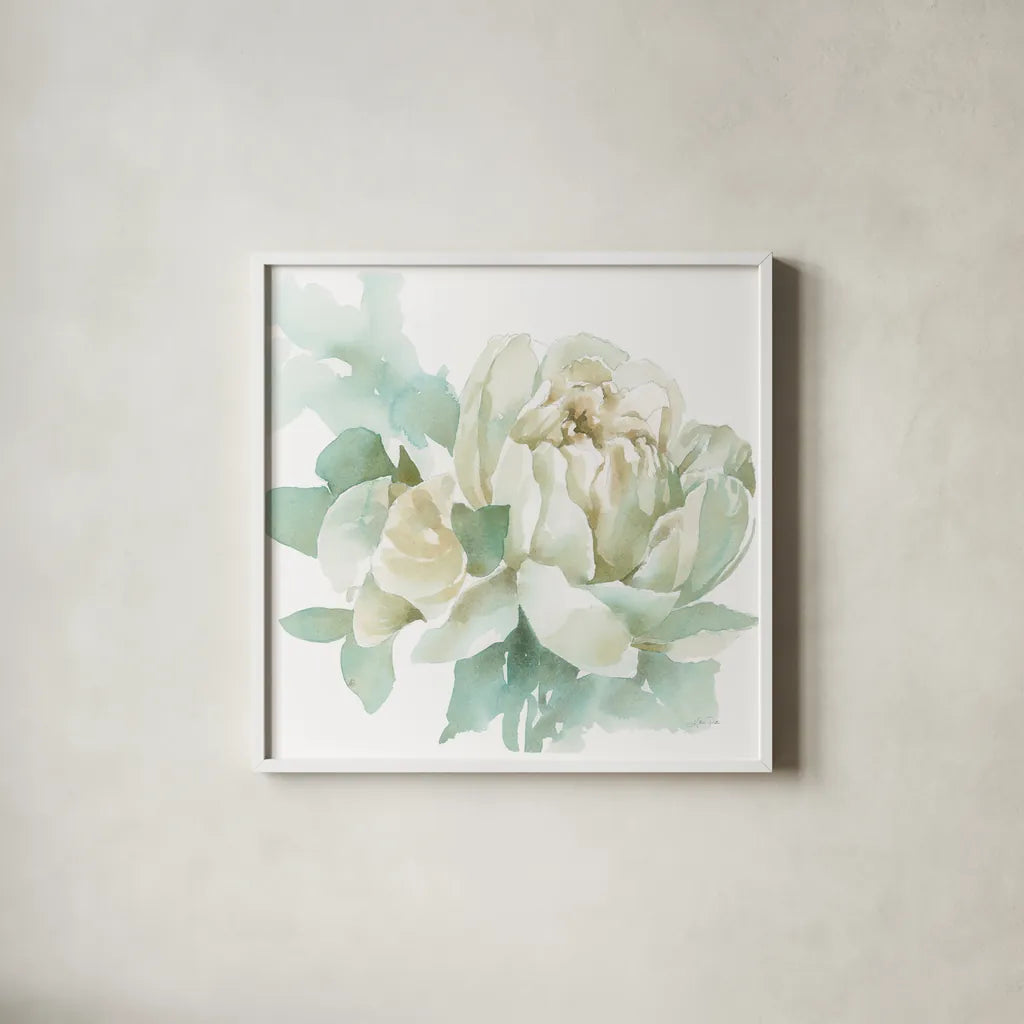 Poetic Blooming I by Katrina Pete. Shown in a crisp white glass frame for a clean and minimalist style. Available as an archival giclee rolled canvas, fine art paper, or poster print. SKU 67129a.